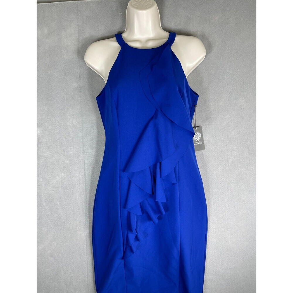 Vince Camuto Women's Size 4 Halter Neck Laguna Crepe Body Con Dress Blue Ruffle